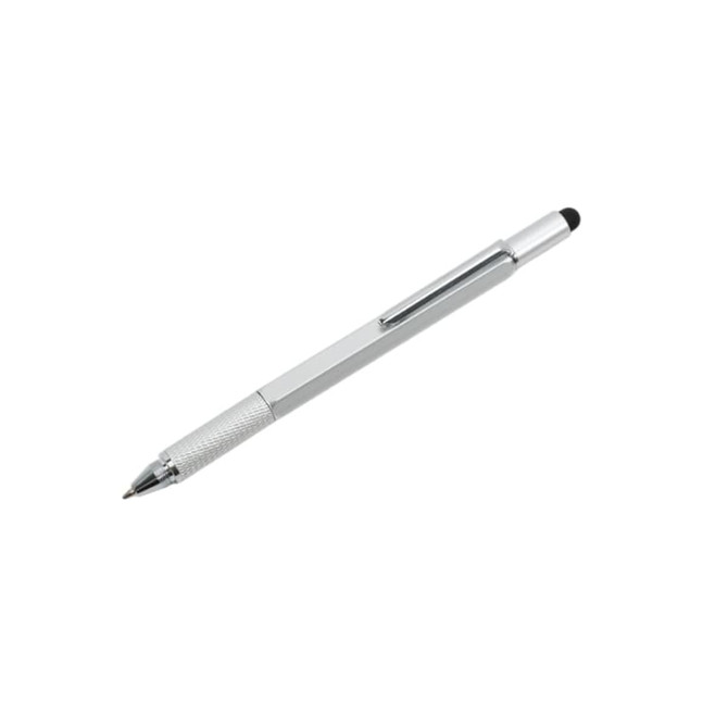 A silver multi-function pen with a textured grip and a clip, featuring a stylus tip at one end.