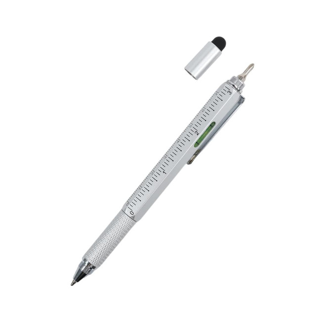 A silver multi-function pen with a measuring ruler, stylus tip, and detachable cap, featuring a textured grip.