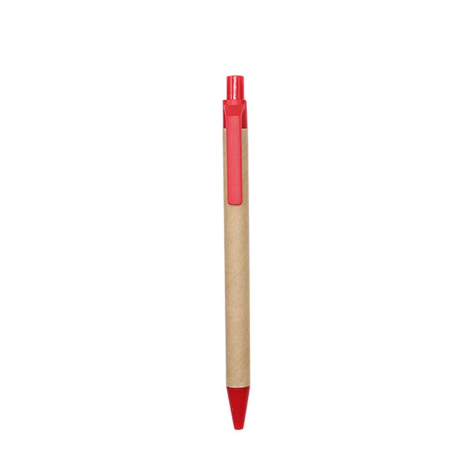 A Kraft paper pen with a red plastic tip and clip, featuring a simple design and a logo.