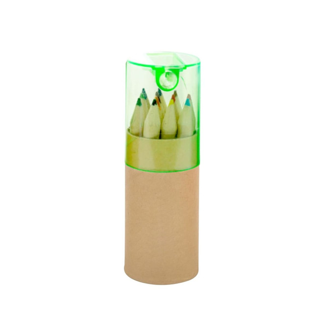A set of recycled coloured pencils in a transparent green case with a cardboard base.