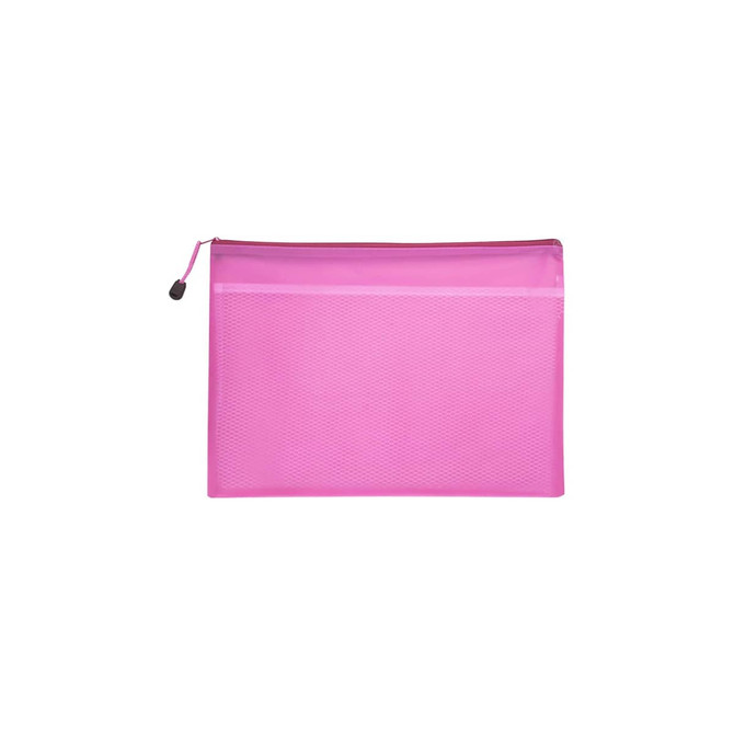 A pink A5 zippered pouch bag with a mesh texture and a contrasting zipper.