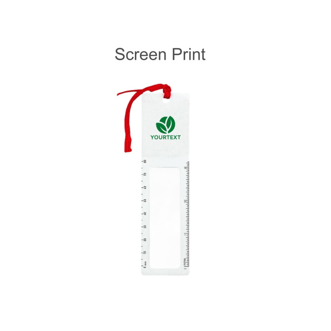 A transparent magnifying bookmark ruler in white with a red ribbon attached and a logo at the top.