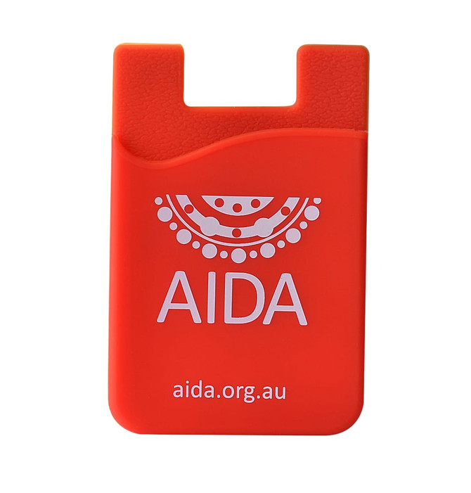 An orange Smart Wallet with a wave-patterned top and a logo. Compact design for easy storage.