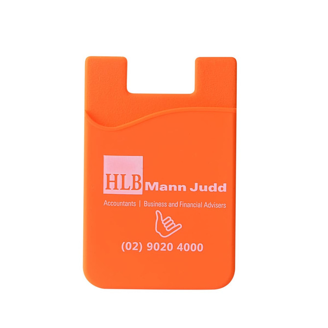 An orange Smart Wallet featuring a logo, designed to hold cards and small items.