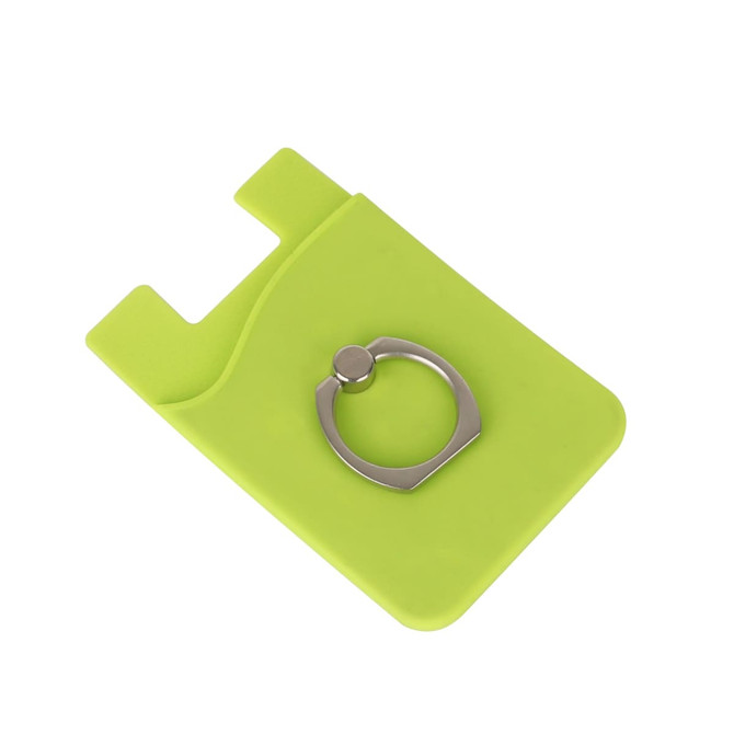 A green phone wallet featuring a metal ring for secure grip. Includes a slot for cards.