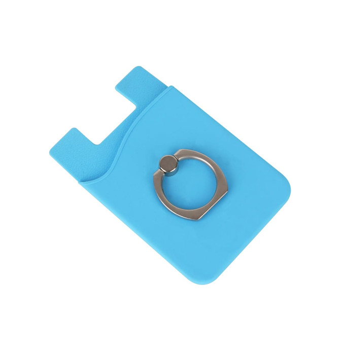 A blue phone wallet with a ring holder, featuring a smooth surface and a slot for cards.