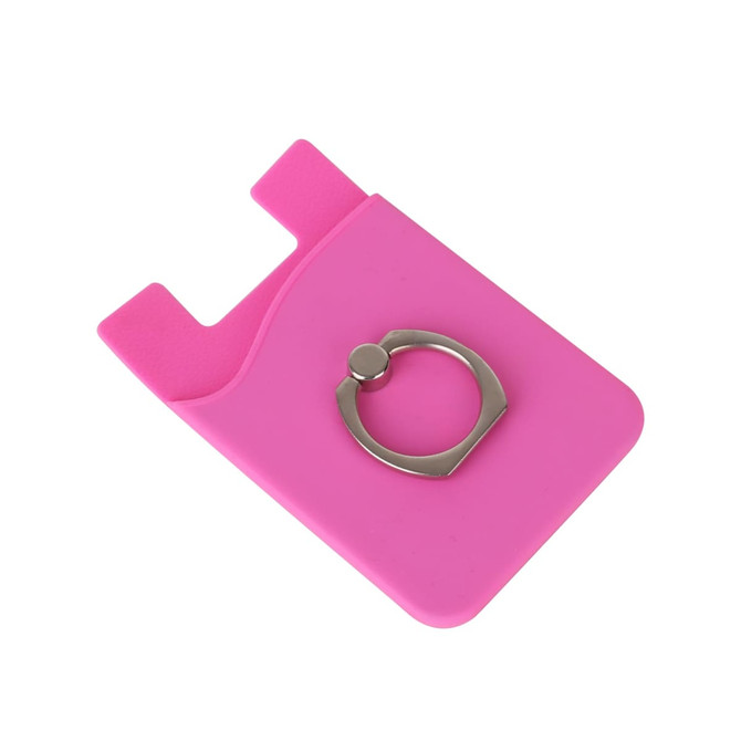 A pink phone wallet featuring a metallic ring. The wallet has a sleek design and includes a branding logo.
