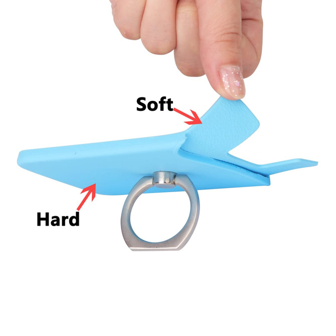 A blue smart wallet with a ring, featuring both hard and soft sections, held by a finger.