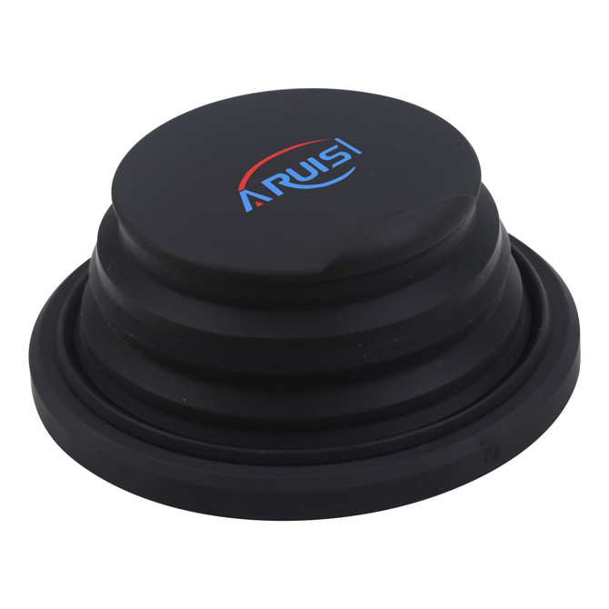 A foldable, black wireless charger with a ridged design and a logo on the top.