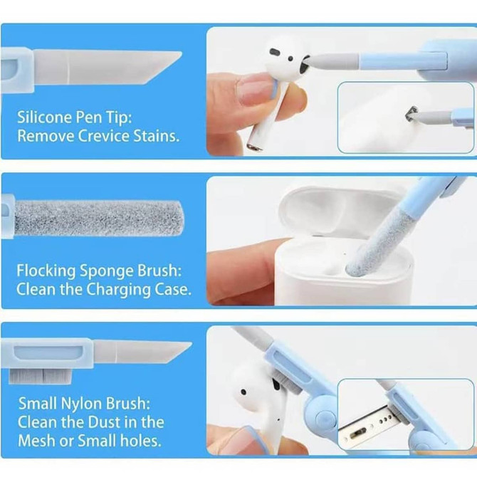 A 7 in 1 cleaning kit with silicone pen tip, flocking sponge brush, and small nylon brush in blue and white colours.