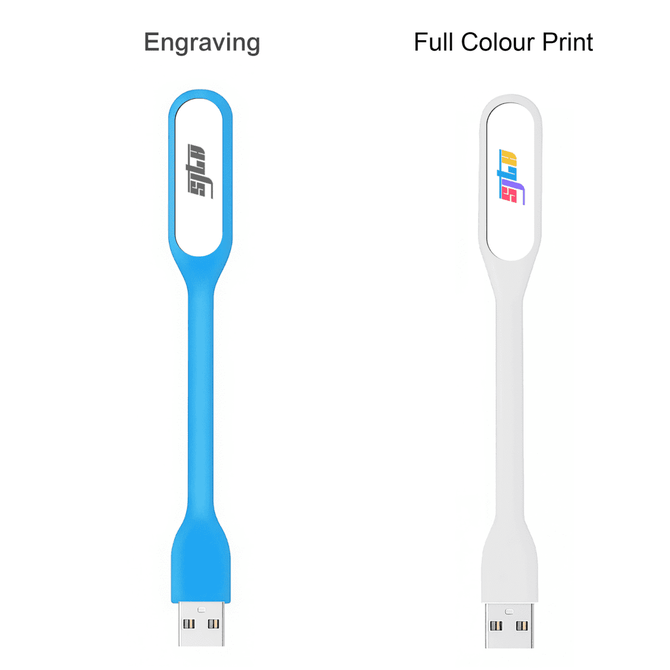A blue and a white USB light, featuring a logo, with one option for engraving and the other for full colour print.