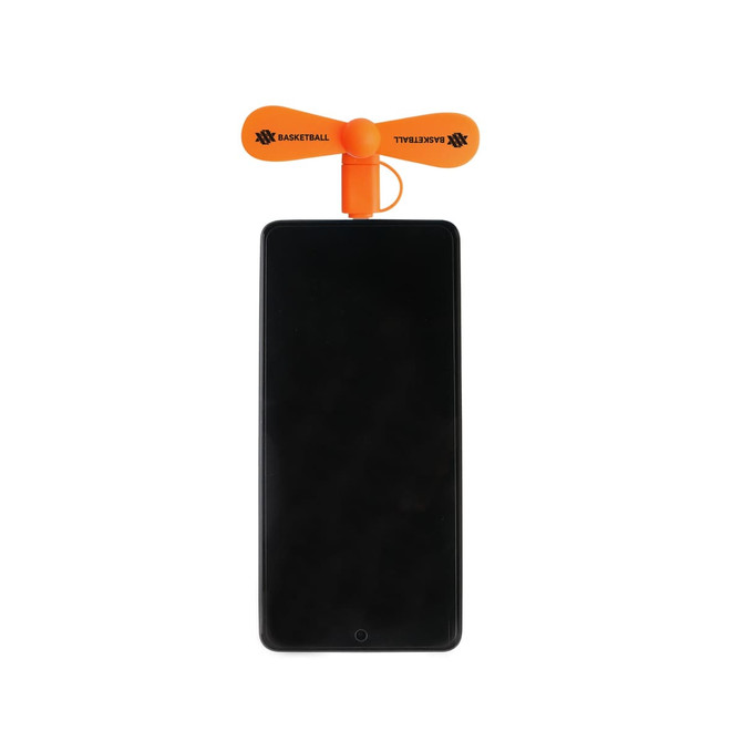 An orange 2 in 1 smartphone fan is attached to a black smartphone. The fan features a branding logo.