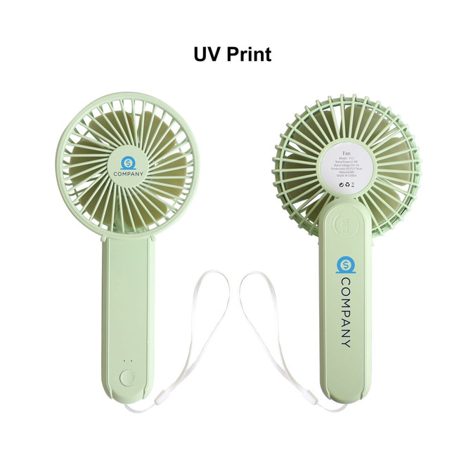 A foldable USB handy fan in mint green with a logo, featuring a compact design and a wrist strap.