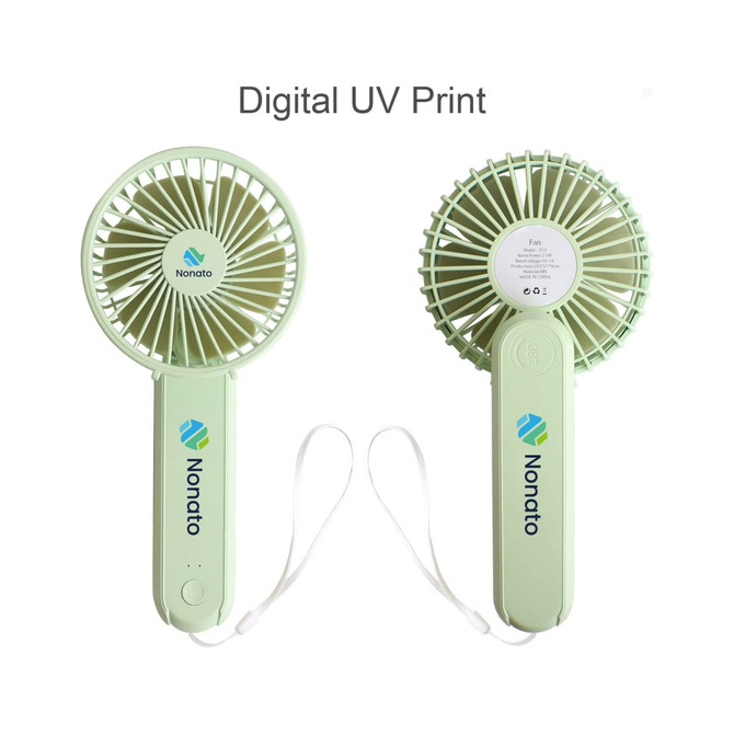 A foldable USB handy fan in light green, featuring a logo, with a straight handle and ventilation blades.