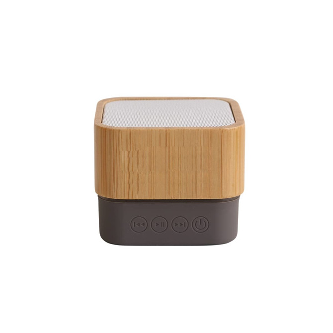 A bamboo Bluetooth wireless speaker featuring a textured wooden exterior and a dark control base.