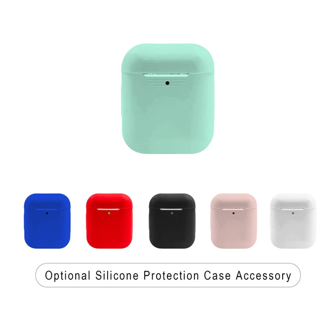 A set of wireless earbud cases in mint green, red, black, pink, and white, featuring a logo on each case.