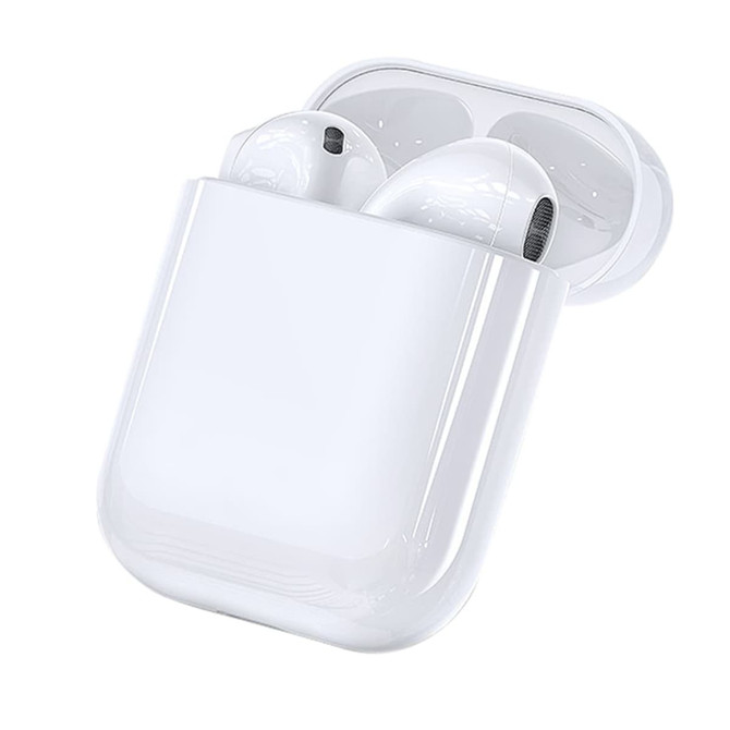 White wireless earbuds with a matching charging case and a branding logo on the case.