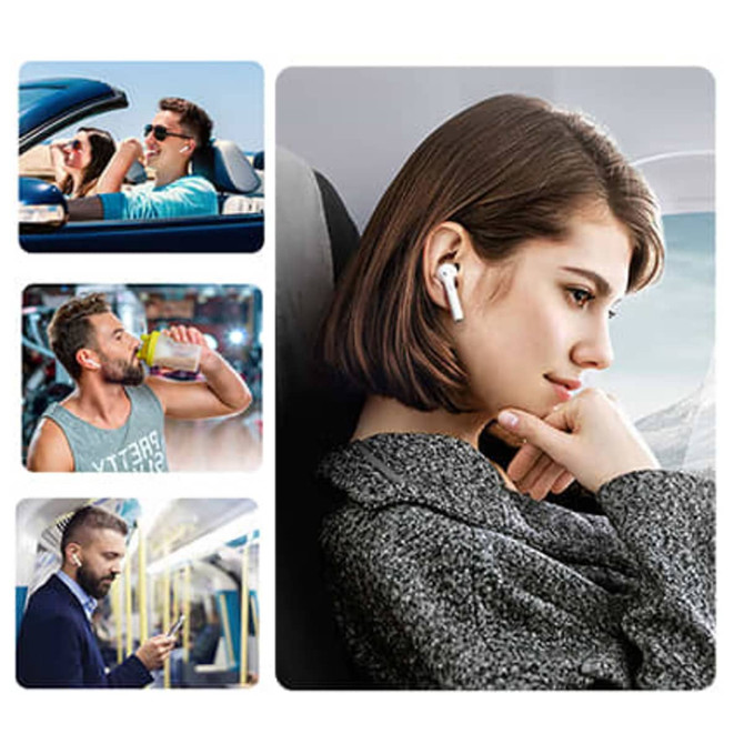 Wireless earbuds in white, showcased in a collage featuring various people using them in different settings.
