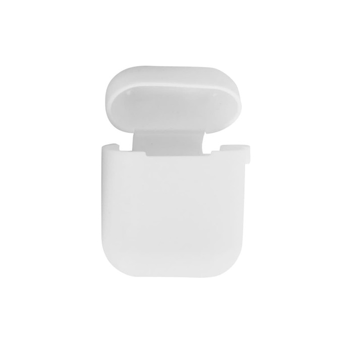 A white silicone protection case for AirPods, featuring an open lid and a smooth, minimalist design.
