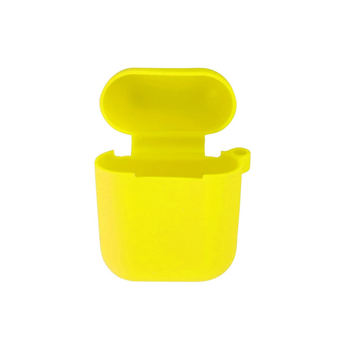 A bright yellow silicone case for AirPods, featuring an open lid and a small attachment loop.