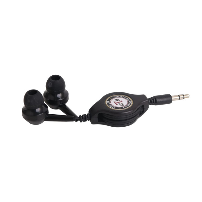 A pair of retractable black earbuds with a coiled cable and a 3.5mm jack, featuring a circular logo.