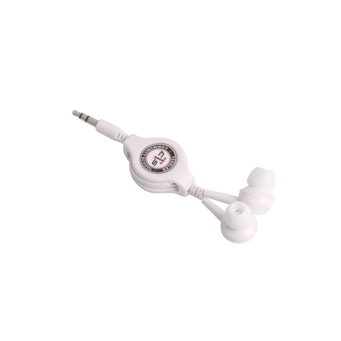 A pair of white retractable earbuds with a circular retracting mechanism and a three-pronged audio jack.