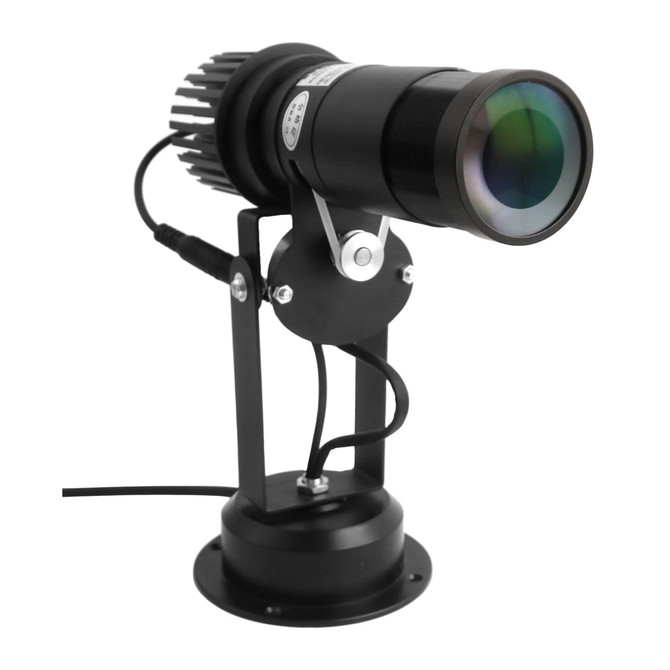 A black LED logo projector light features a lens and adjustable mounting bracket for display purposes.