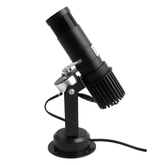 A black LED projector light with an adjustable angle and a sturdy base, designed for displaying logos.