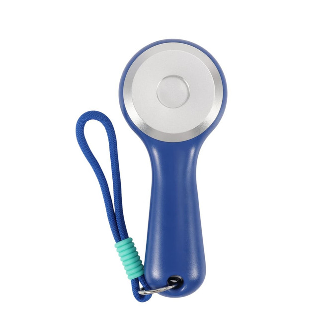 A blue lockable phone pouch with a silver button and a wrist strap. It features a coloured accent on the strap.