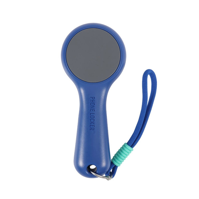 A blue lockable phone pouch with a round design and a wrist strap, featuring a branding logo.