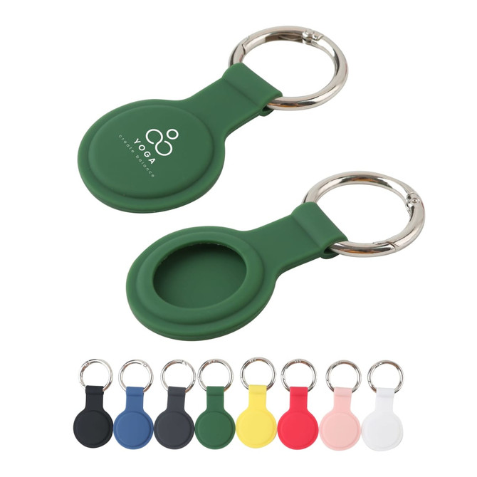 A green silicone Air Tag protective case with a keyring, featuring a logo, alongside other coloured cases.