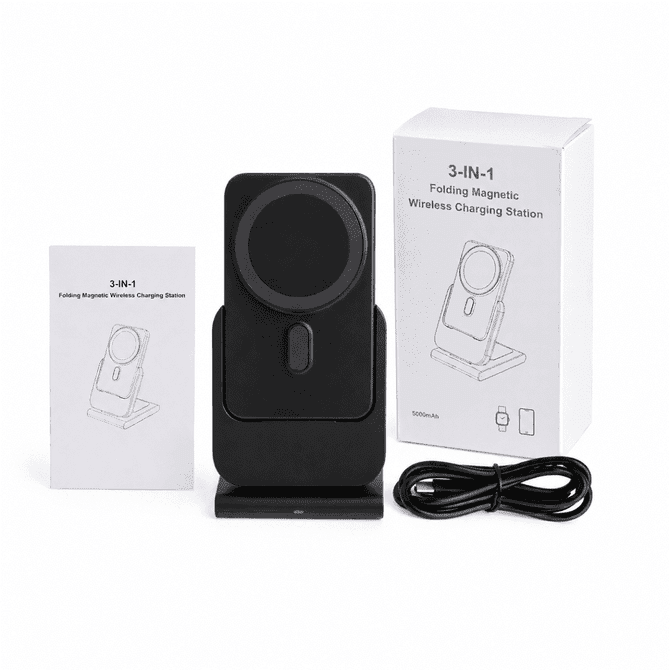 A black 3-in-1 power bank charging station with a wireless charging pad, instruction manual, and a USB cable in the box.