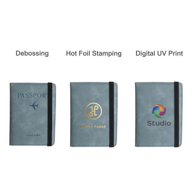 Three grey passport holders displayed, featuring options for debossing, hot foil stamping, and digital UV print.
