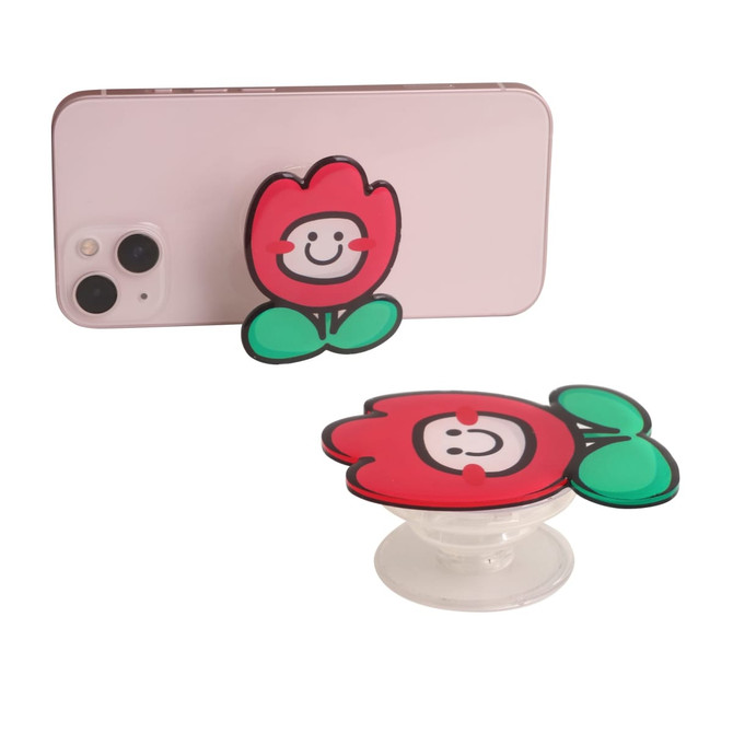 A custom-shaped acrylic phone pop holder featuring a red flower design, displayed on a smartphone.