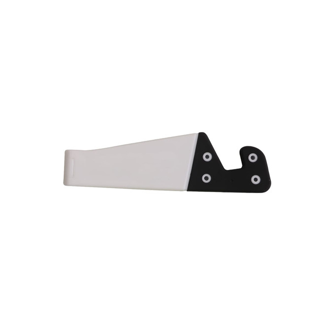 A V-shaped iPhone and iPad stand in white and black, featuring multiple holes and a sleek design.