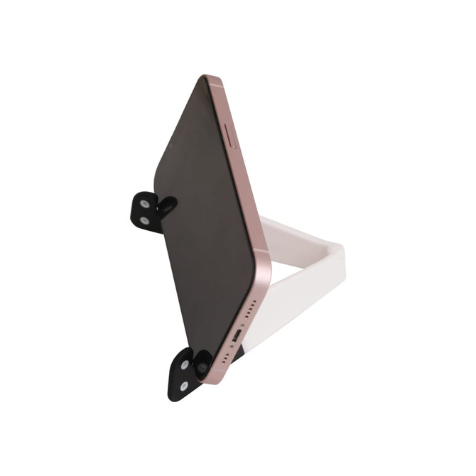 A V-shaped phone stand in white with a black base, holding a smartphone at an angle.