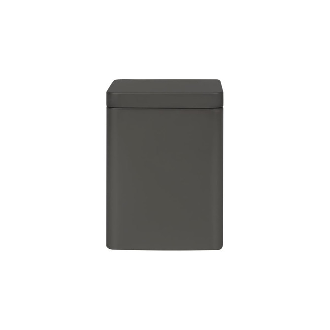 A square tin box in a dark green finish, featuring a smooth, fitted lid. It has a simple, modern design and includes a logo.