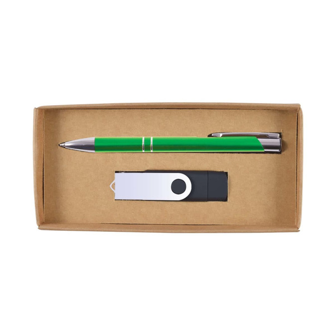A pen in green and silver, along with a black and white USB flash drive, are presented in a cardboard gift box.