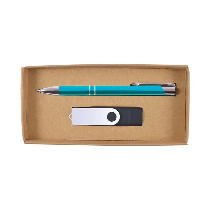 A teal pen and a black and white USB flash drive in a cardboard gift box.