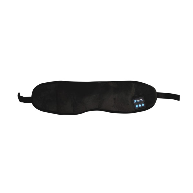 A pair of black Bluetooth sleep headphones designed like a sleep mask, featuring a logo on one side.