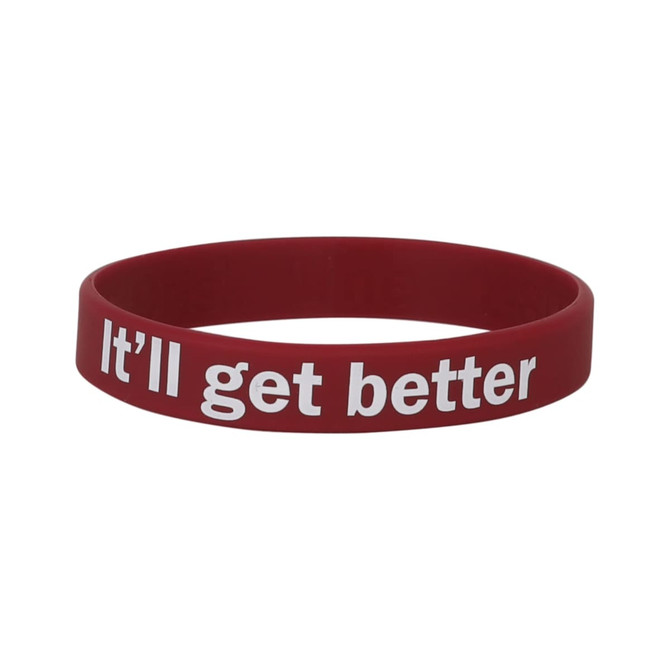 A red silicone wristband with the phrase “It’ll get better” printed in white. The wristband includes a logo.