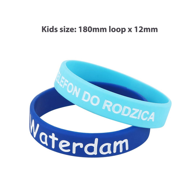 Two silicone wristbands in blue and light blue, featuring debossed text and a logo.