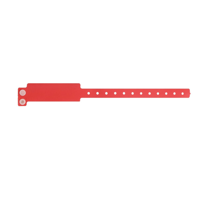 A red disposable PVC wristband with a smooth surface and holes for fitting adjustments. Features a logo on one end.