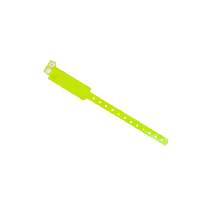 A reflective neon yellow PVC wristband featuring a snap closure and multiple holes for adjustment.