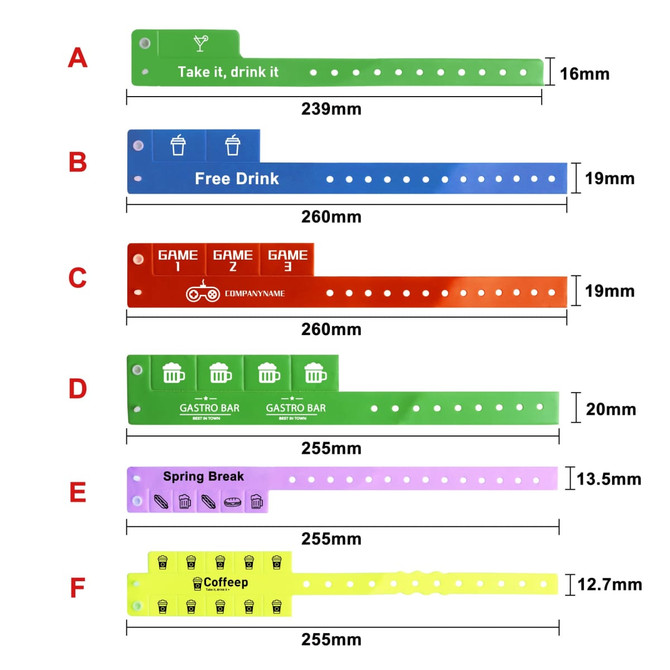 A set of colourful tabbed disposable PVC wristbands in various sizes, featuring different designs and a logo.