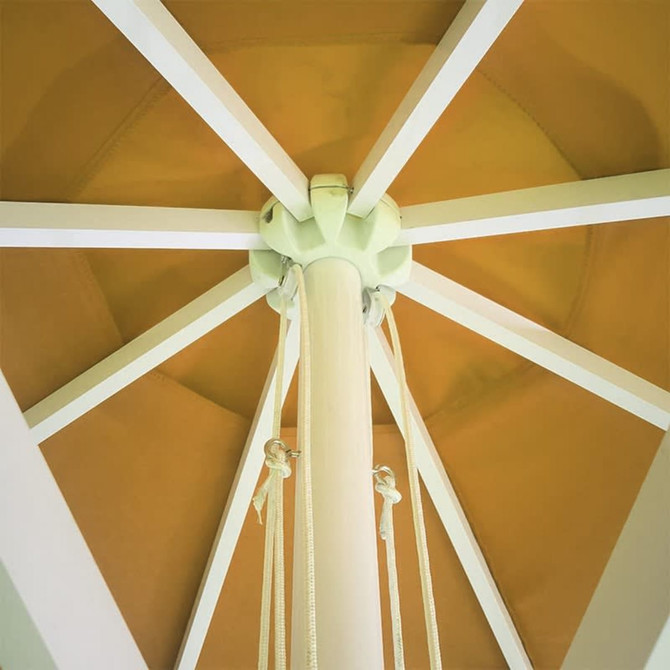 A round market umbrella with a yellow canopy featuring a white pole and support ribs, including decorative valances.