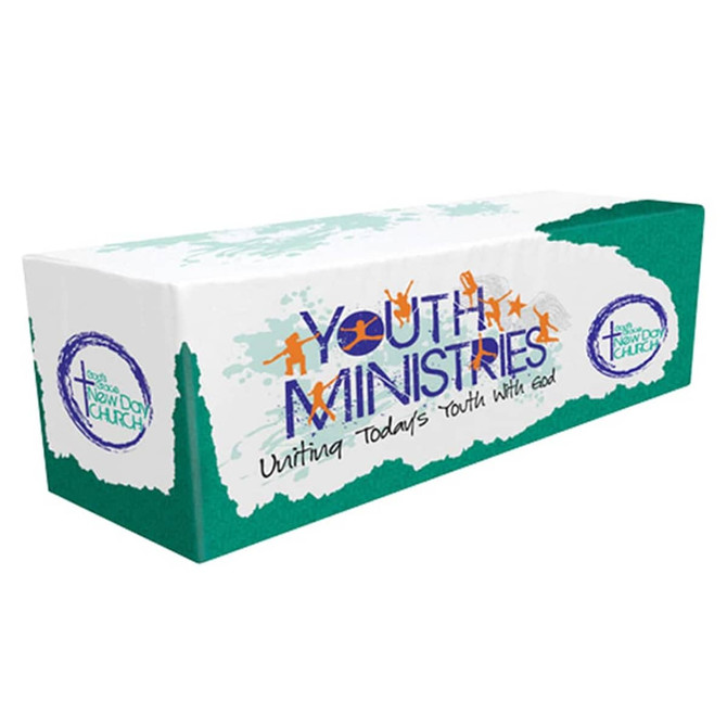 A promotional 4-sided fitted tablecloth in white and teal, featuring a logo and colourful youth ministry design.