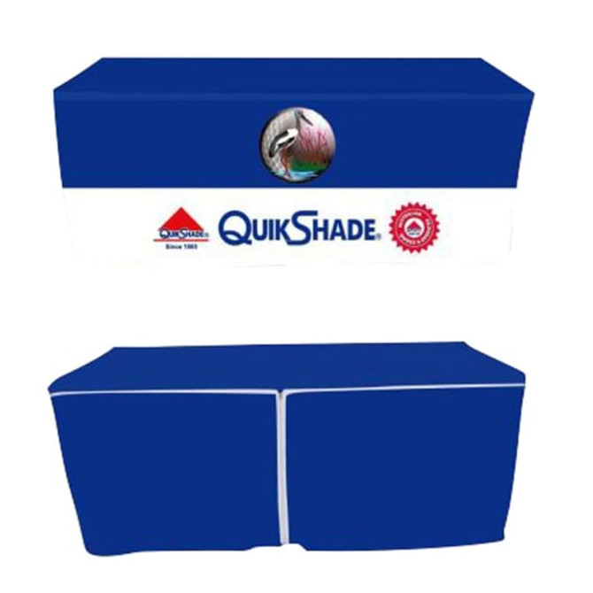 A fitted table cloth in blue with a zipper back and a logo featuring a bird design.