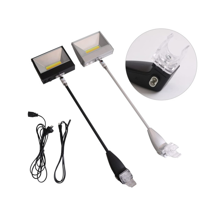 Two LED work lights in black and silver, each with flexible arms and electrical cables, displayed on a white background.