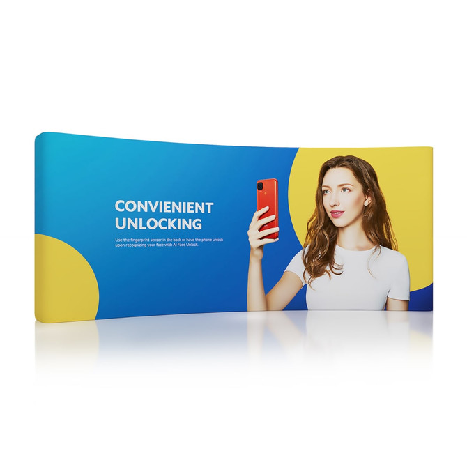 A curved tension fabric display wall featuring blue and yellow colours with a woman holding a smartphone.